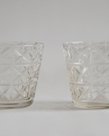Cropped detailed photo featuring two mini choko crystal cut glass side by side.