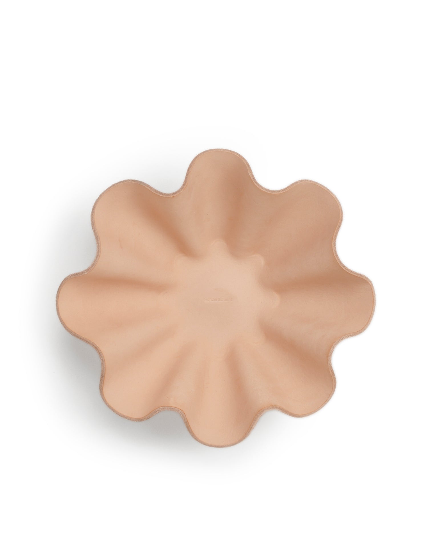 Top view of Leather Shell Bowl by Hender Scheme in large on a white background