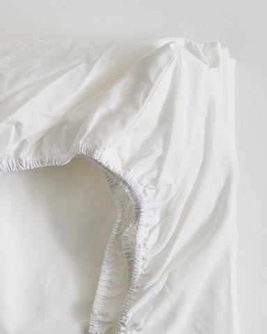 Up-close of white fitted sheet on a gray background