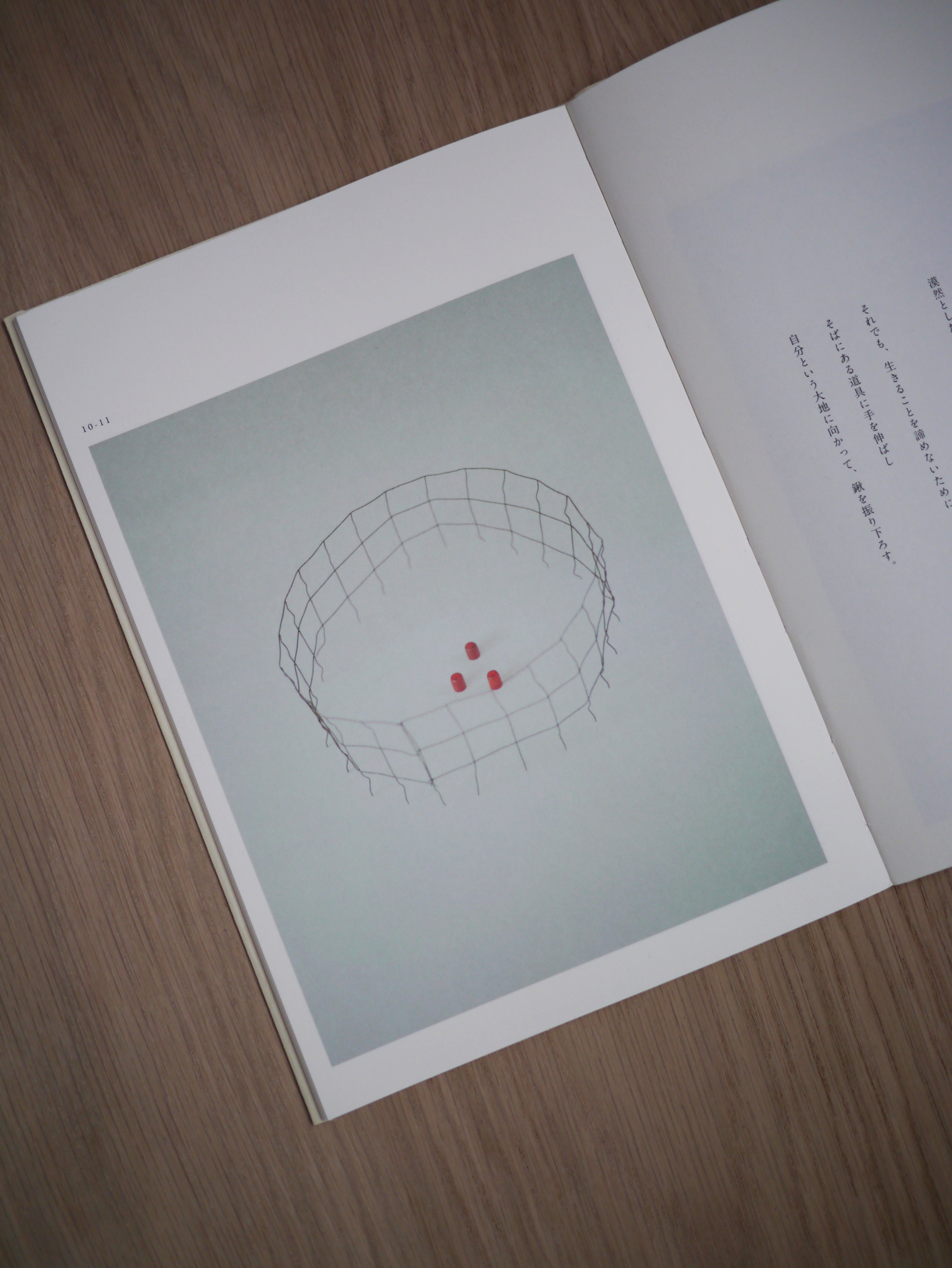 Top view of Crafts, and Then book by Ryuji Mitani open to a picture of a wire sculpture against light wood background. 