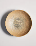 Top view of Large White Urushi Walnut Carved Bowl by Ryuji Mitani against white-gray background. Variation of brushstroke.