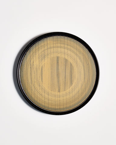 Top view of Usuzumi Round Oak Tray by Ryuji Mitani against white-gray background. Variation of brushstroke. 