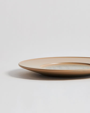 Cropped view of large White Urushi Plate by Ryuji Mitani against white-gray background. 