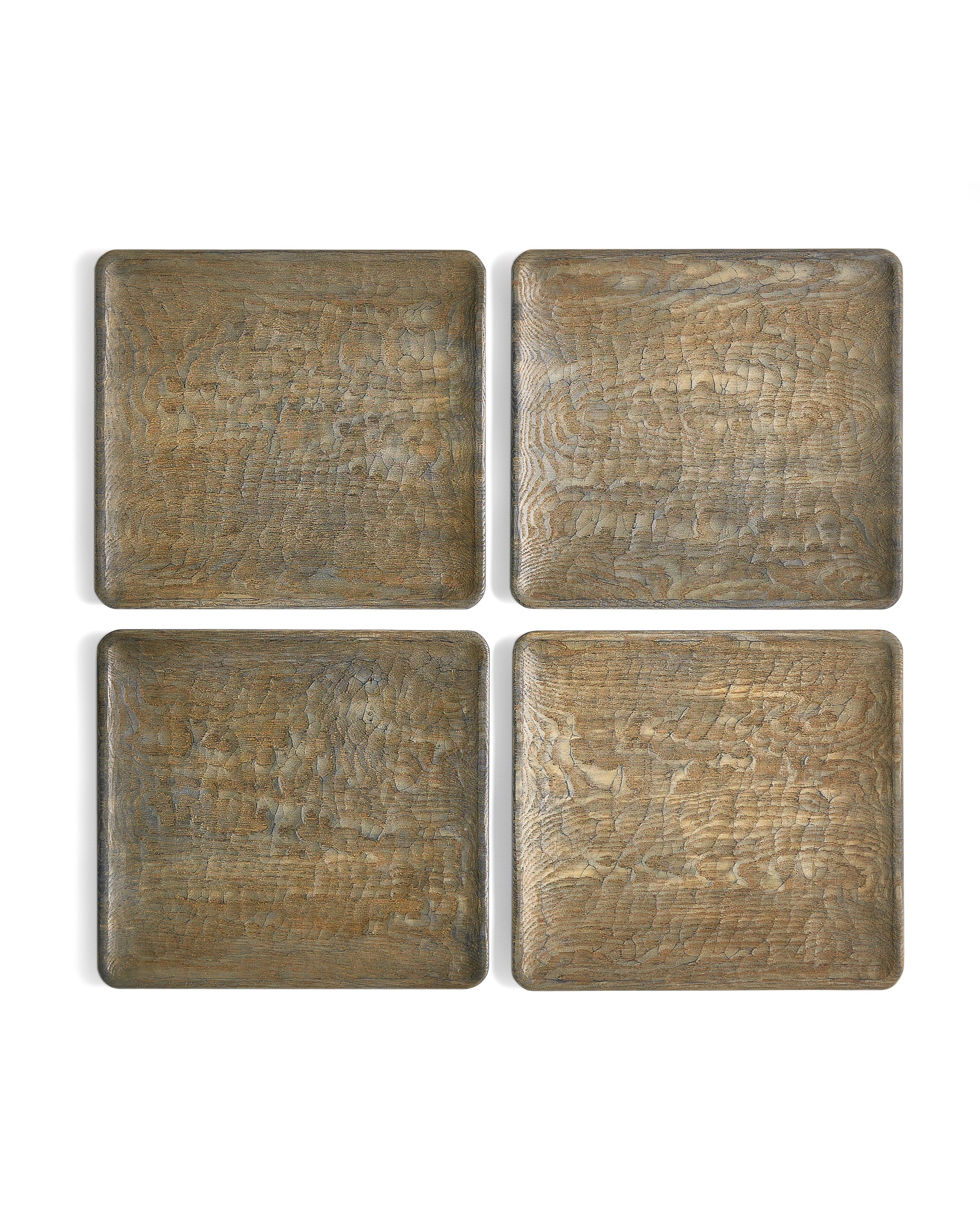 Top view of 4 Usuzumi Square Plates with Chestnut Wood by Ryuji Mitani in 2 rows of 2 against white background.