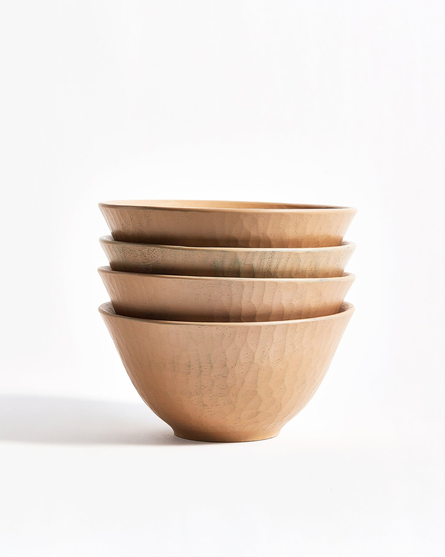 Stack of 4 White Urushi Noodle or Soup Bowls by Ryuji Mitani against white-gray background.